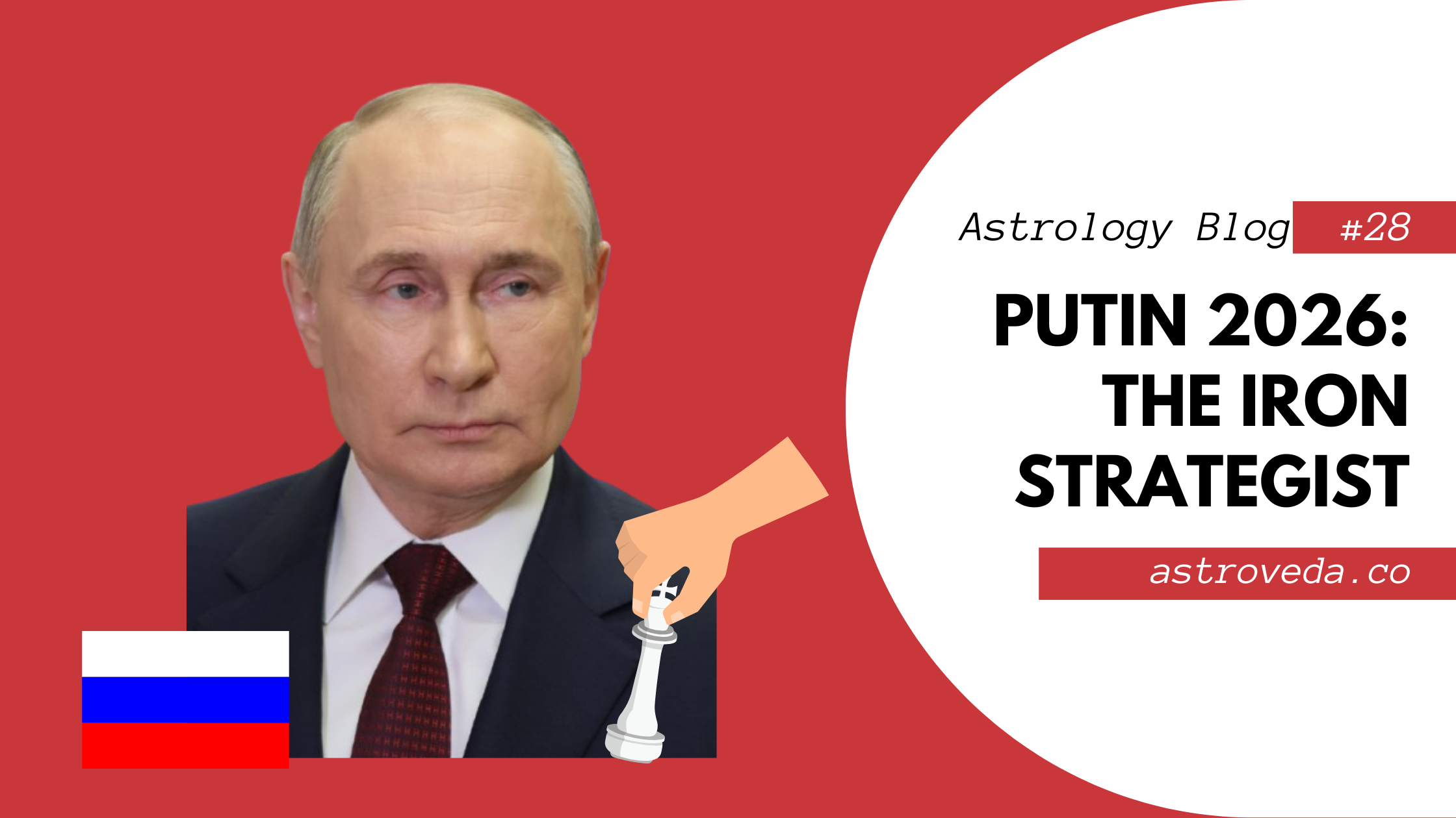 Editorial banner of Vladimir Putin with a Capricorn Rahu birth chart and 2026 astrological timeline overlay.
